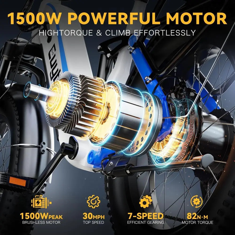 Adult E-Bike 1500W, 48V 20/60Ah Remove Battery, 80 Miles Range, 30MPH, 20'' Fat Tires, UL Certified