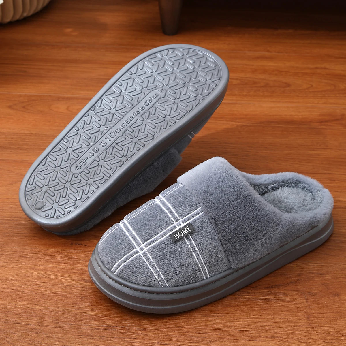 Men Home Slippers Plaid Memory Foam Winter Plush Warm Non-Slip Black Large size 50-51 Fashion
