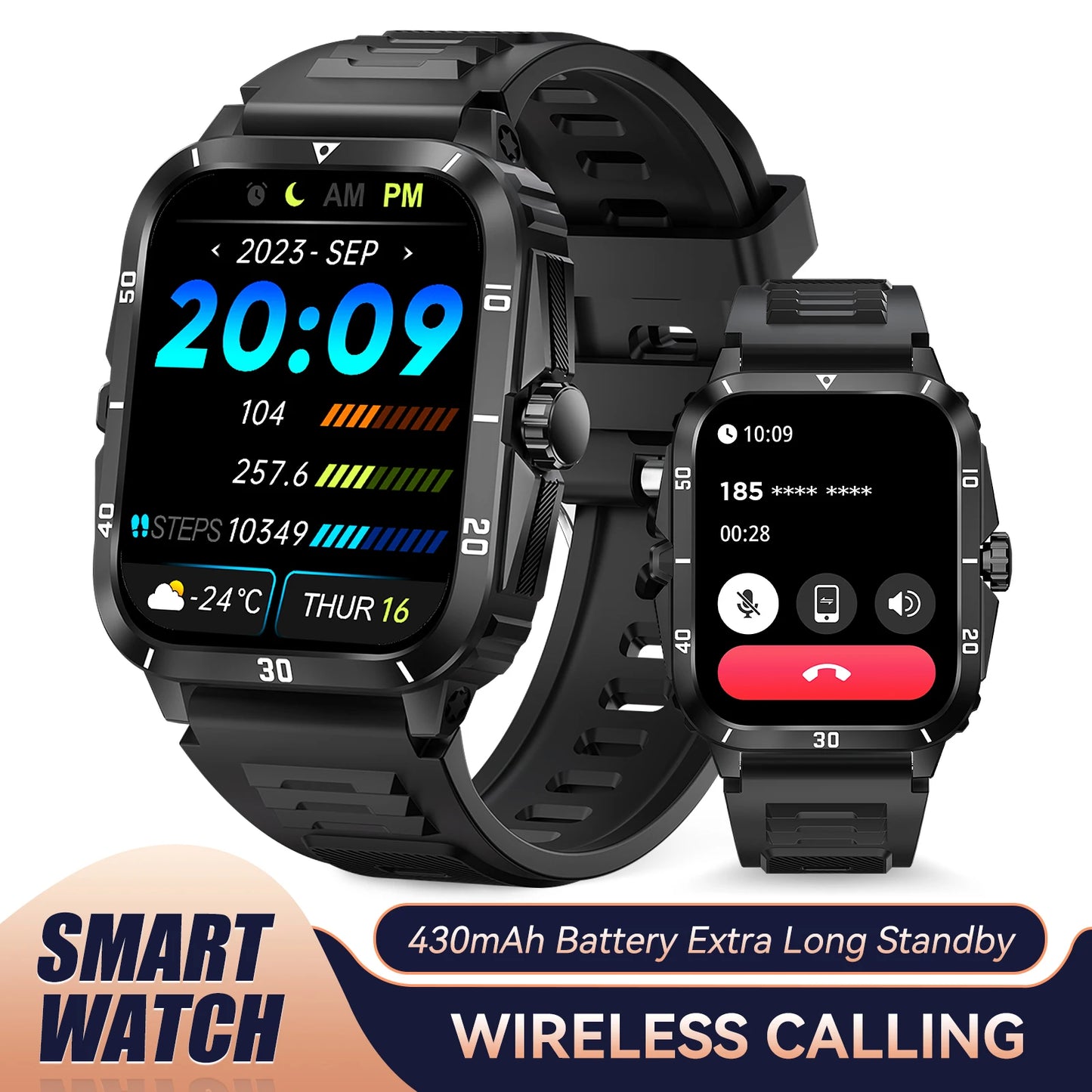 Smart Watch 3ATM Waterprf 1.96" IPS Screen KT71 Men 100+ Sport Mode Heart Rate Blood Pres. Bluetooth