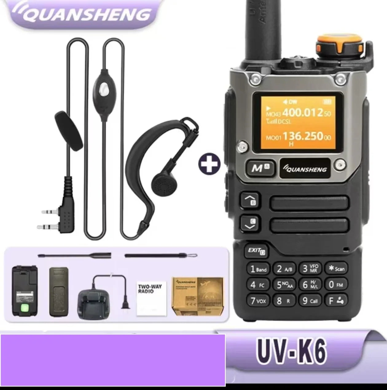 UV-K6 Walkie UVK58 Air Band Radio TyepC Charge UHF VHF DTMF Scrambler NOAA Wireless Frequency 2 Way