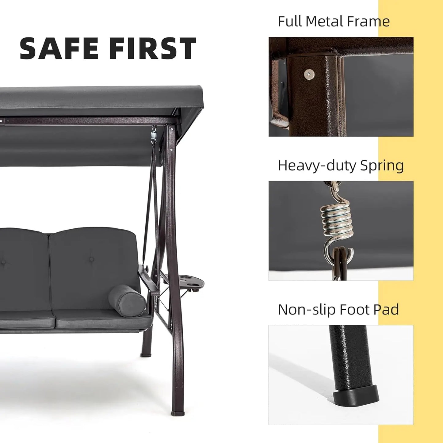3 Person Outdoor Porch Swing,1.5" Upgraded Cup Holder, Adjust Canopy, Backrest, Patio Swing Bed