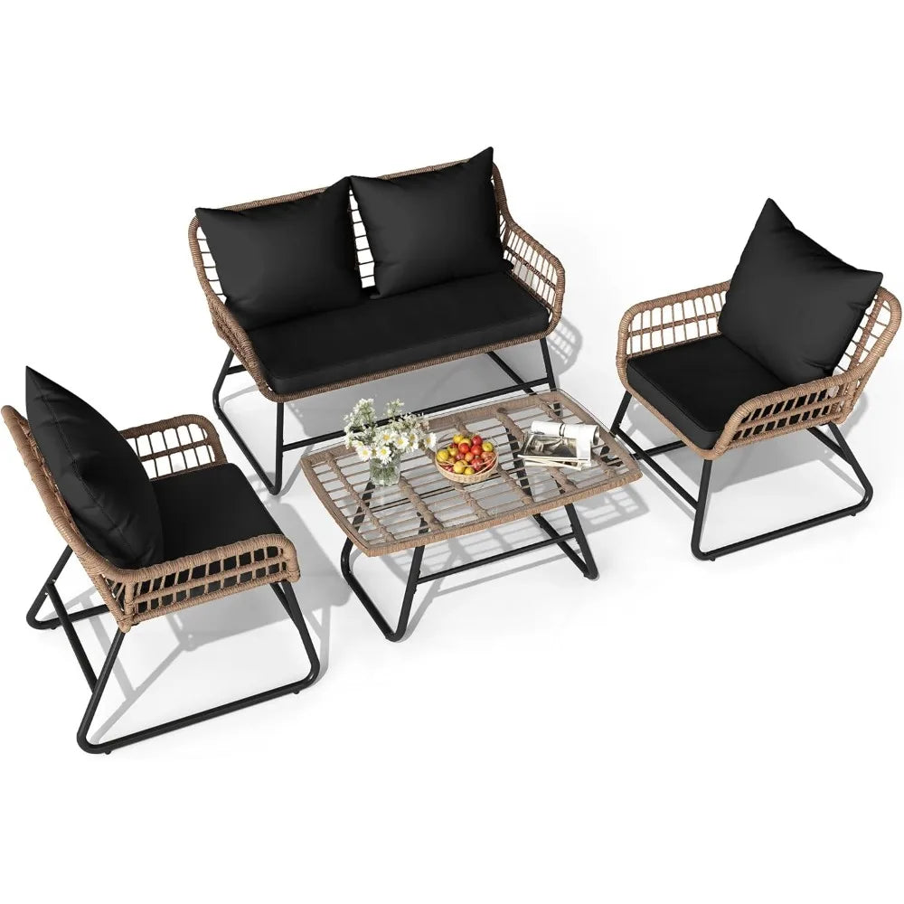 Outdoor Patio Set 4 Pieces, Wicker,Soft Cushion & Coffee Table, Rattan Bistro Set Patio Set Chairs