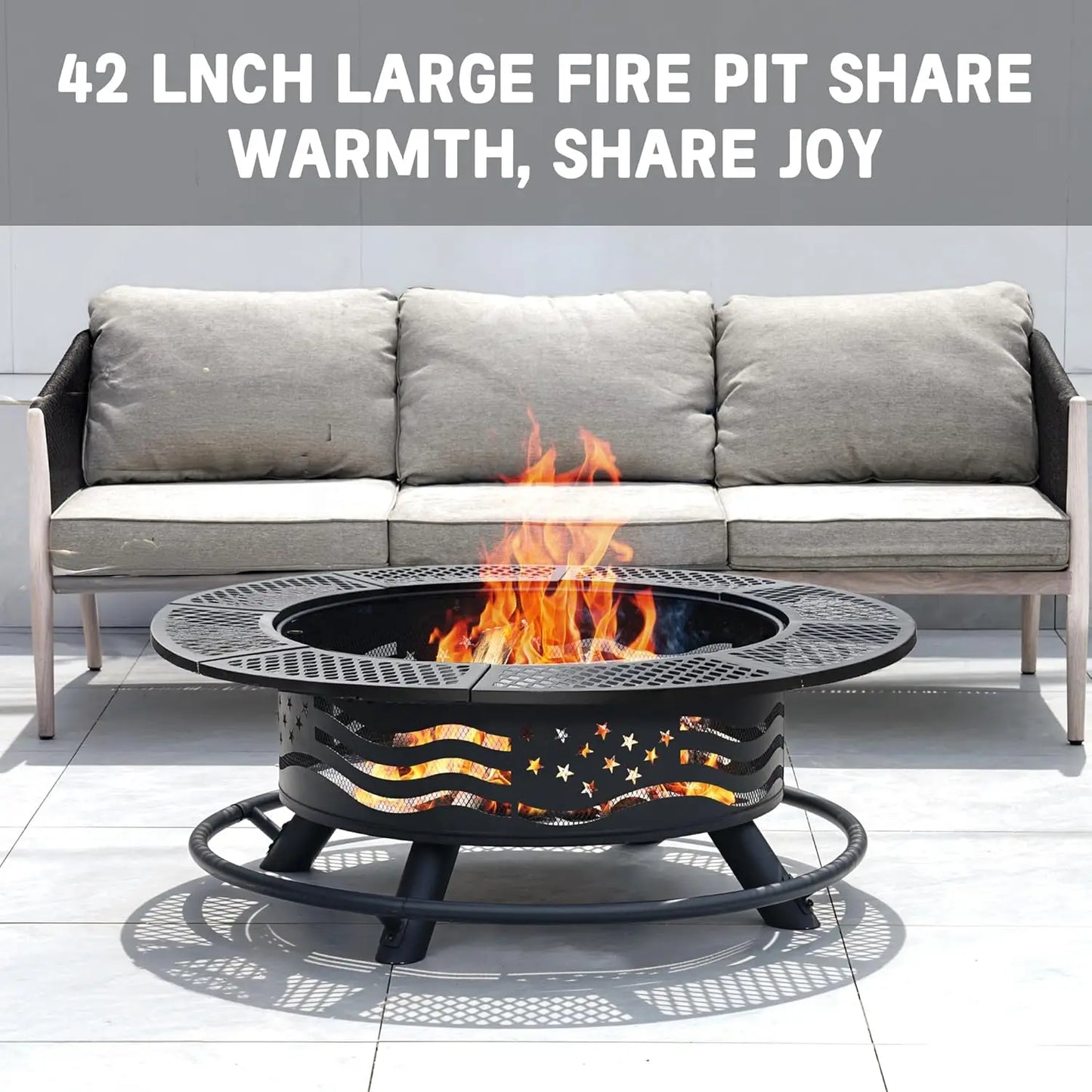 42 Inch Fire Pit, 2 Cooking Grate, Outdoor Wood Burning BBQ Grill Firepit Cover Lid, Steel Rnd Table