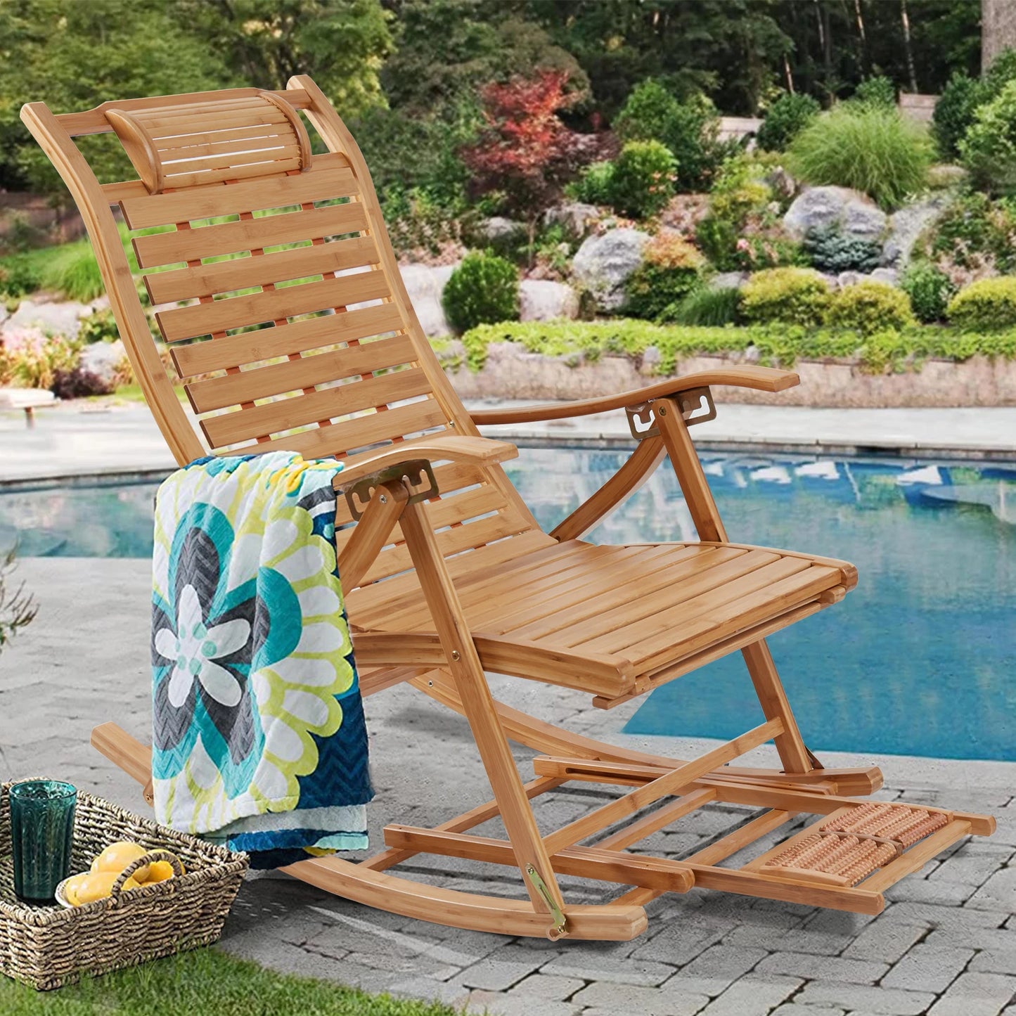 Heavy Duty Bamboo Rocking Chair Adjustable Lounge Recliner Leisure Living Room,covered deck