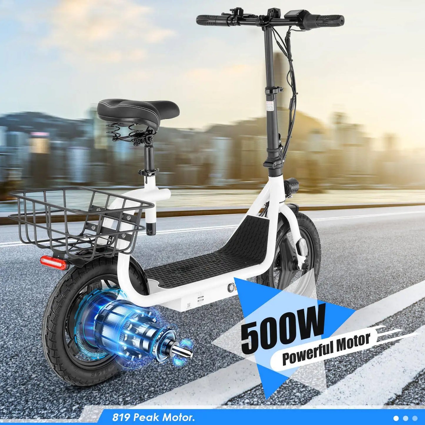 Peak 819W Electric Scooter 500W Motor W/ Seat 14" Tire, 30 Miles Ranges 20MPH Max Speed, to 300 LBS