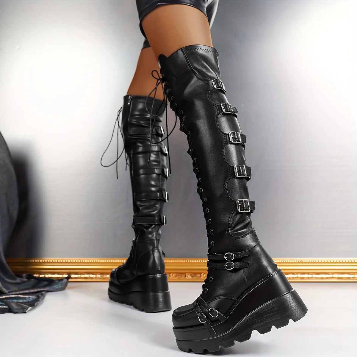Women's Gothic Punk Thigh High Boots Fashion Side Zipper Lace-up Platform Coaplay Boots Woman