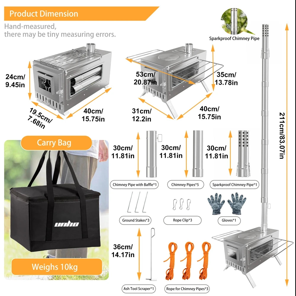 Portable Camping Wood Burning Stove Stainless Steel Tent Stove,7 Chimney Pipes Outdoor Camp Heating