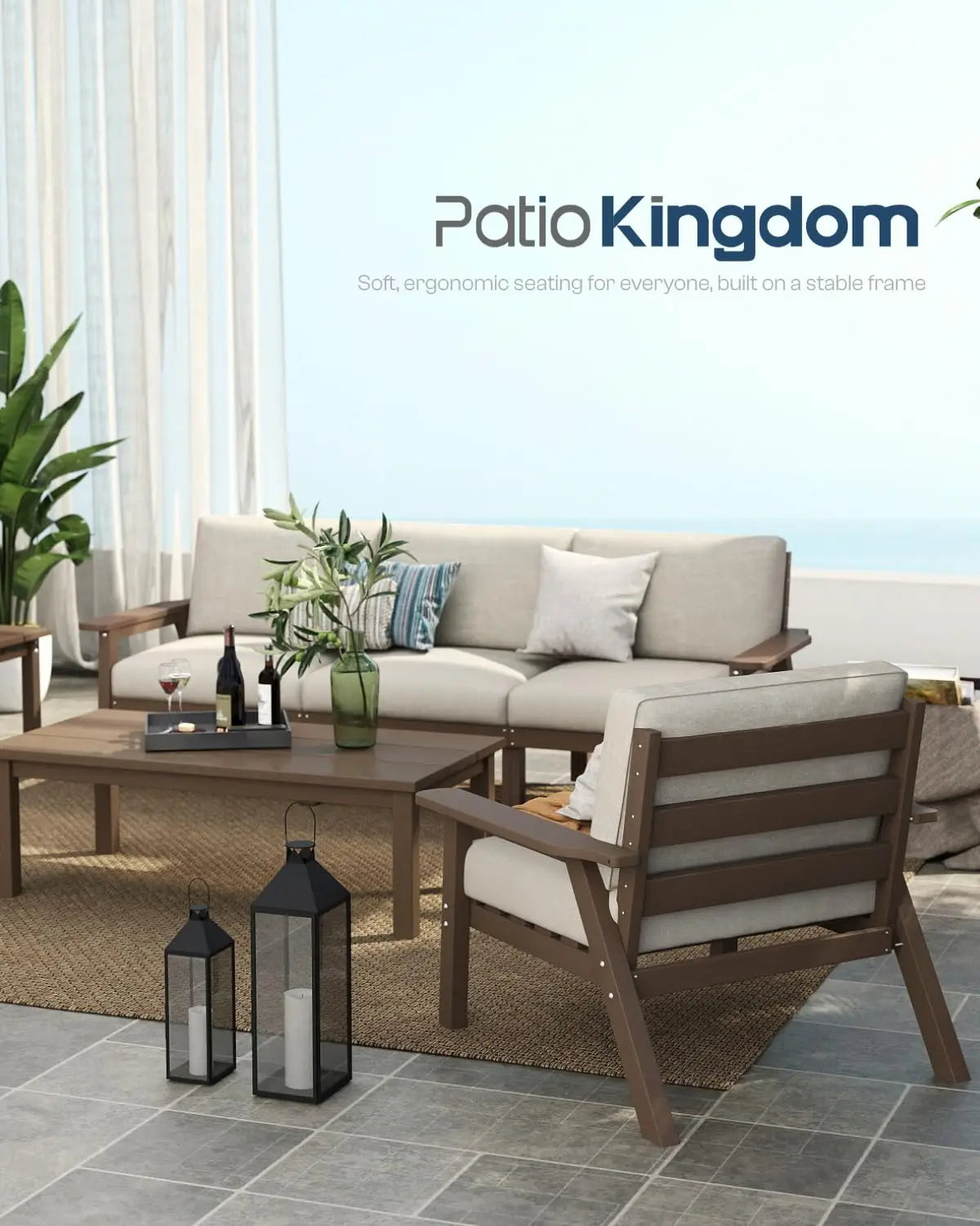 Patio Set 8 Seats, Outdoor Sectional, Beige Washable Thick Cushions, Coffee Table, Patio