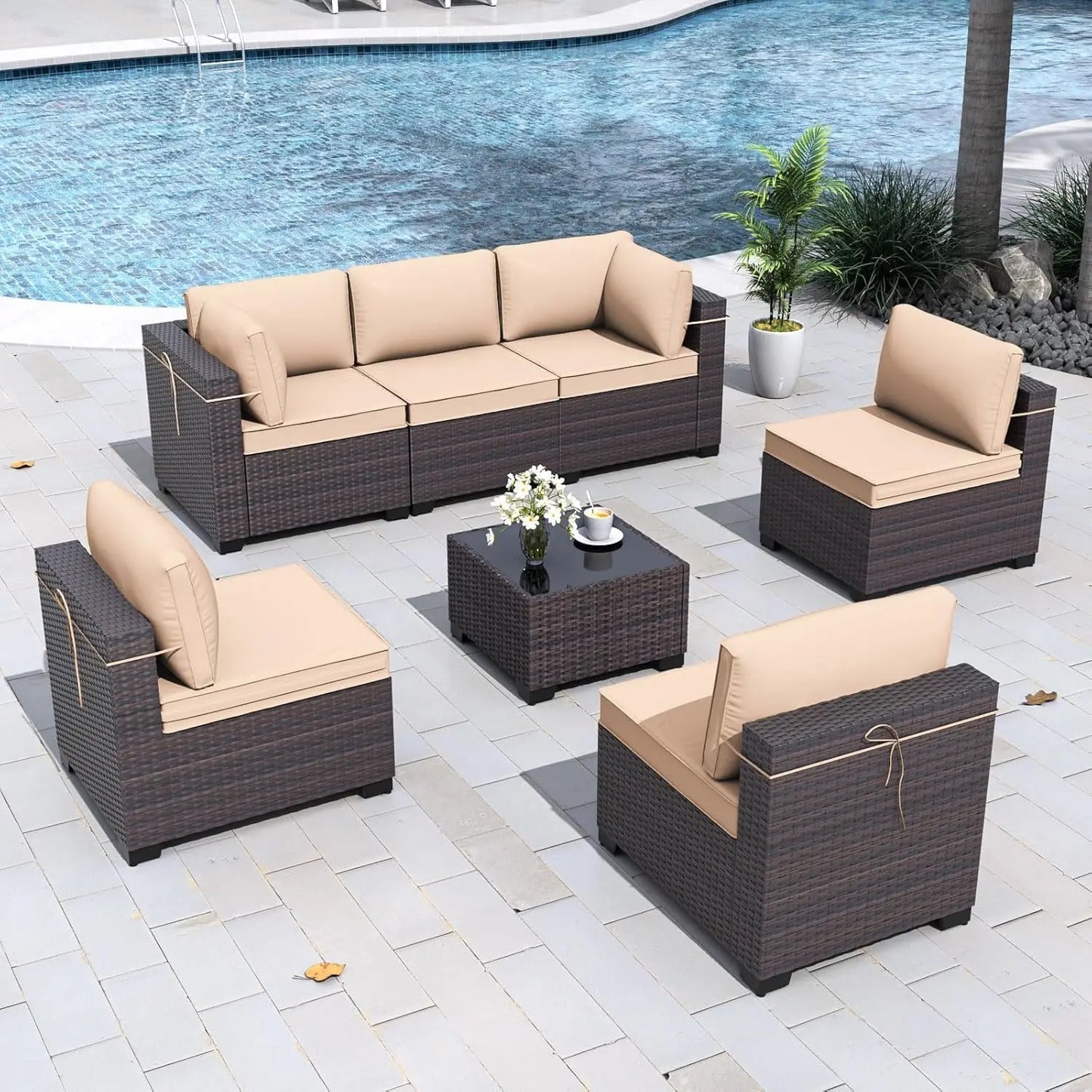 7 Pieces Patio Furniture Set, 4’’ Thick Cushions, All-Weather PE Rattan 29.5'' High Backrest