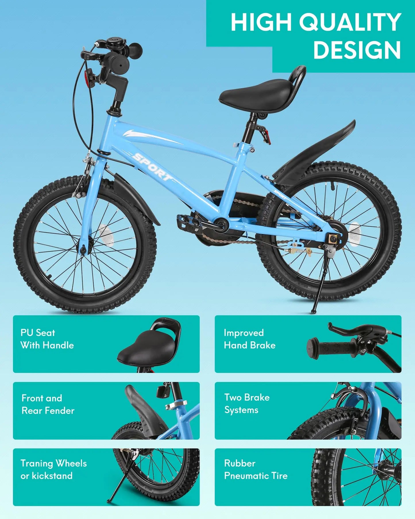 16 Inch Kids Bike with Training Wheels & Kickstand Dual Handbrake Adjustable Handlebar & Saddle