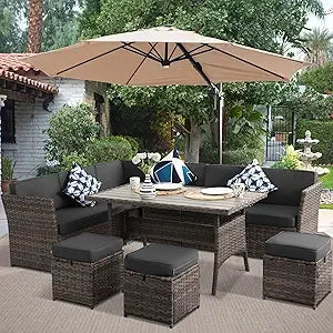 7 Piece Patio Set, Outdoor PE Wicker Rattan, Dining Table, Chairs Set, Patio Conversation Sofa patio