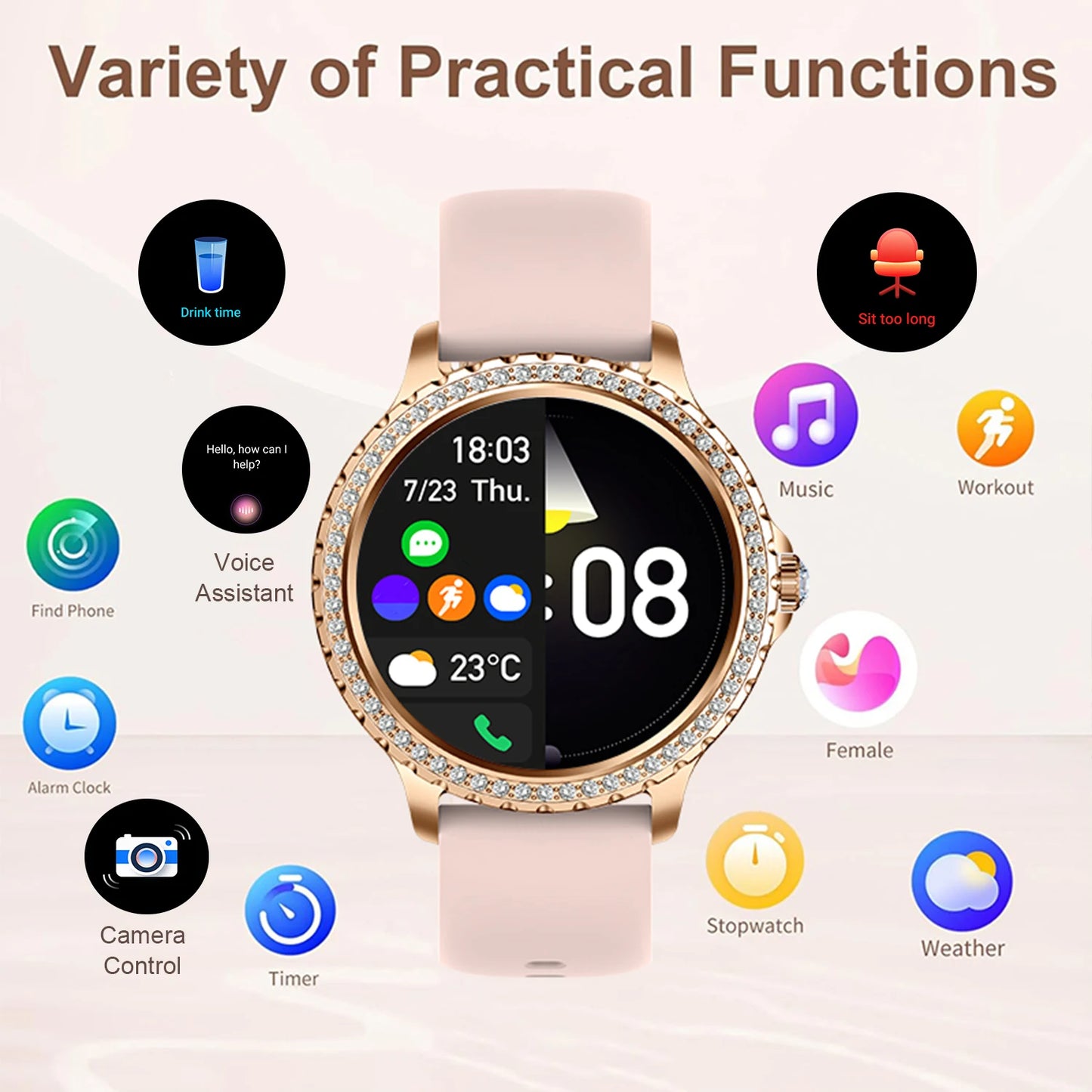 Smart Watch, women 1.32" Touchscreen Fitness Tracker, Wireless Calls, Music Time Display, Step Count