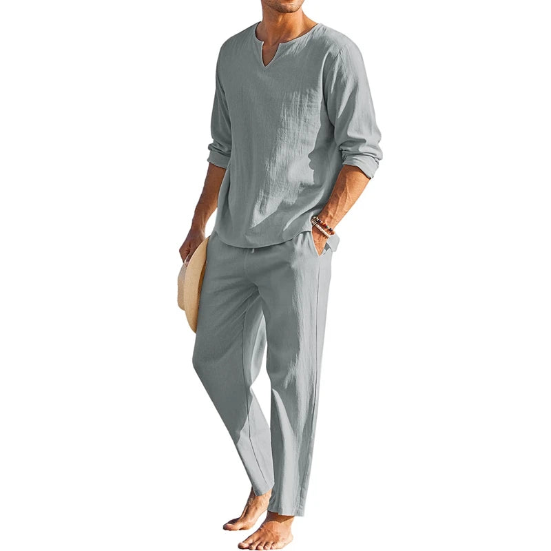 Cotton Linen Solid Color Long Sleeve Henley Shirt Elastic Waist Drawstring 2 Pieces Loungewear Set