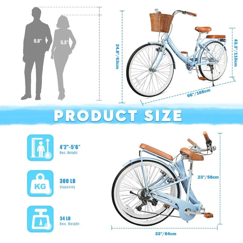 26 Inch Folding Cruiser Bike, 7-Speed Ladies Bike, Basket & Rack,  City Commuting's Bicycle