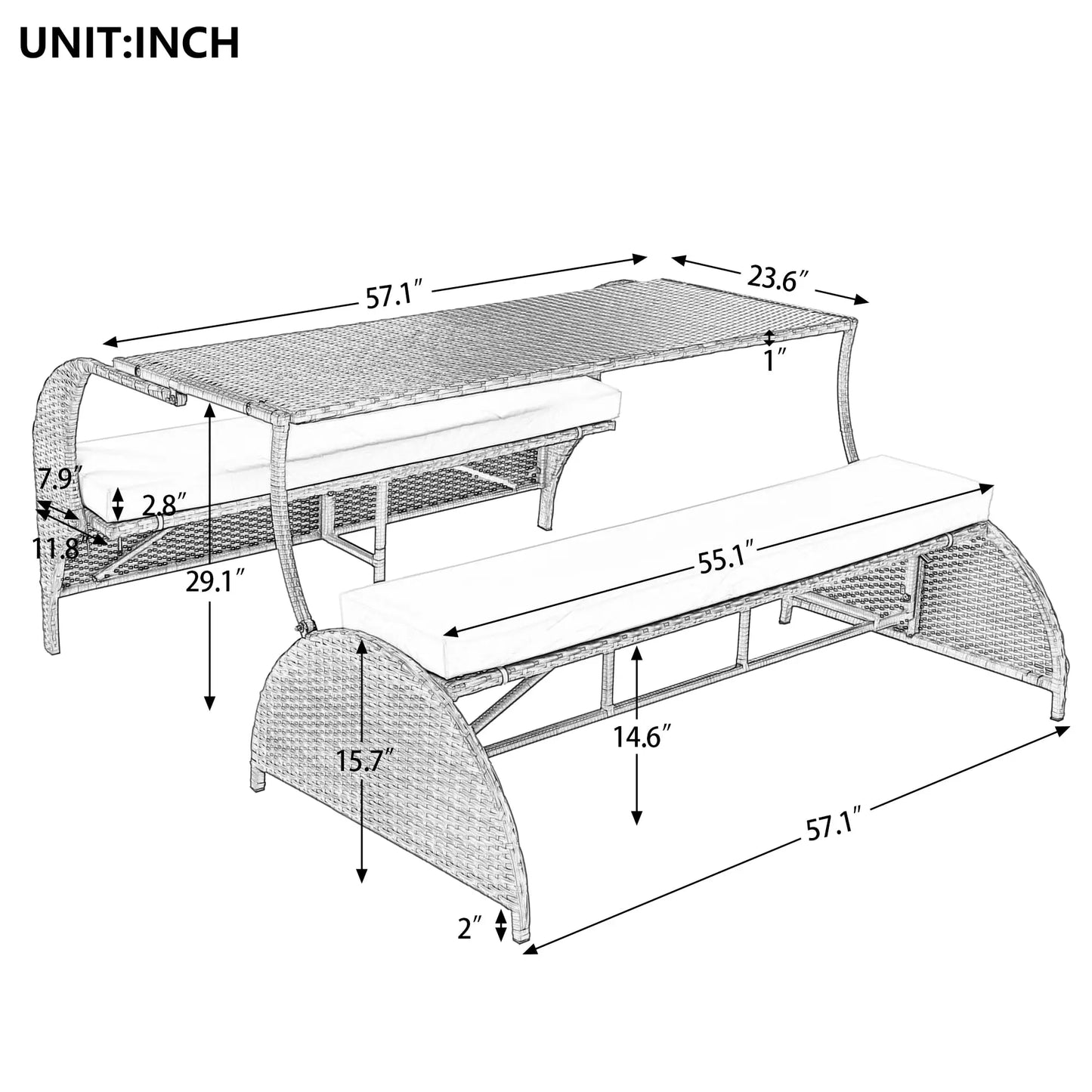Outdr Rattan Loveseat Convertible Picnic Upholstered Bench Table Patio Convertible,4 Seats,1 Table