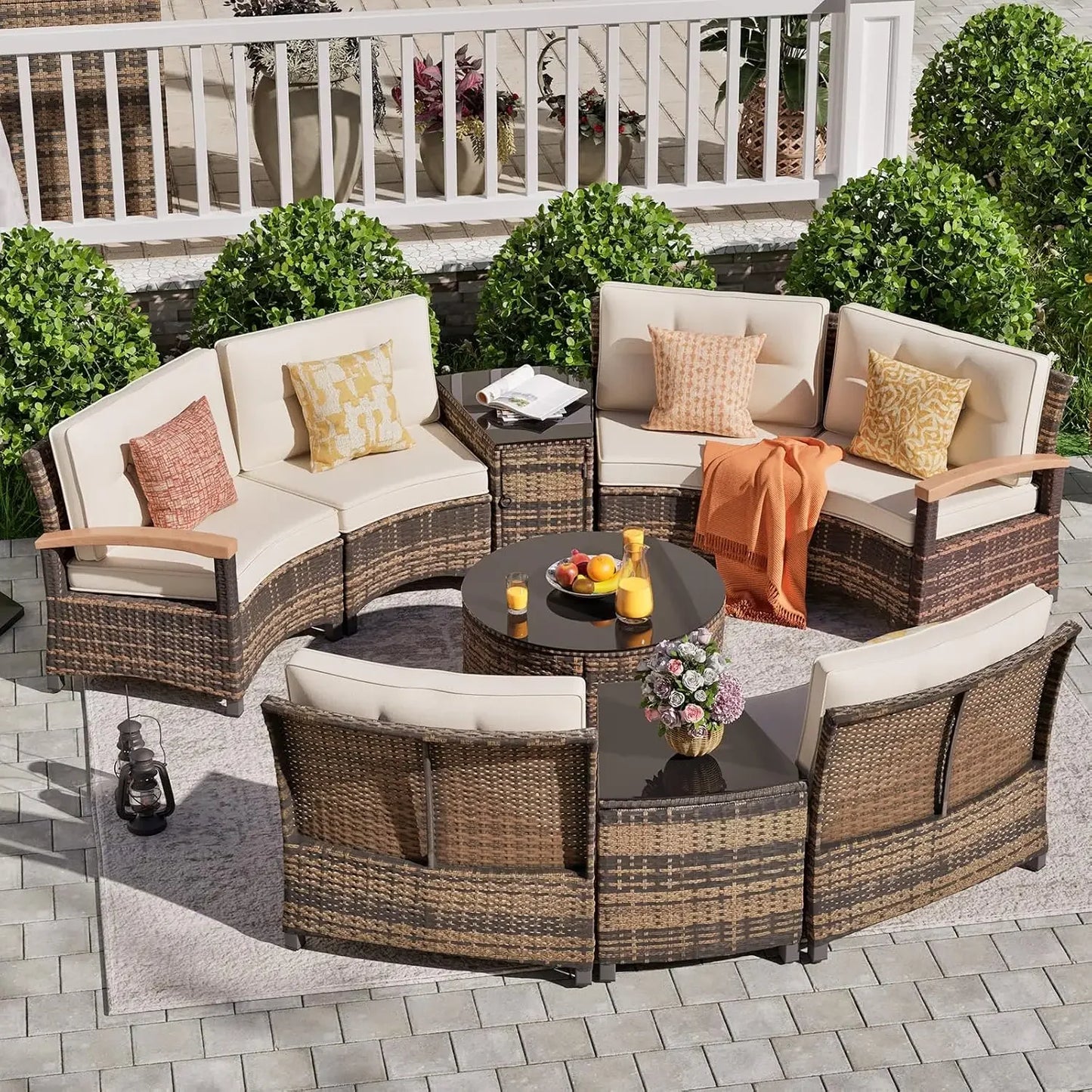 9 Piece Outdoor Patio Furniture Set, Half-Moon Curved Sectional Sofa Rattan Patio Conversation