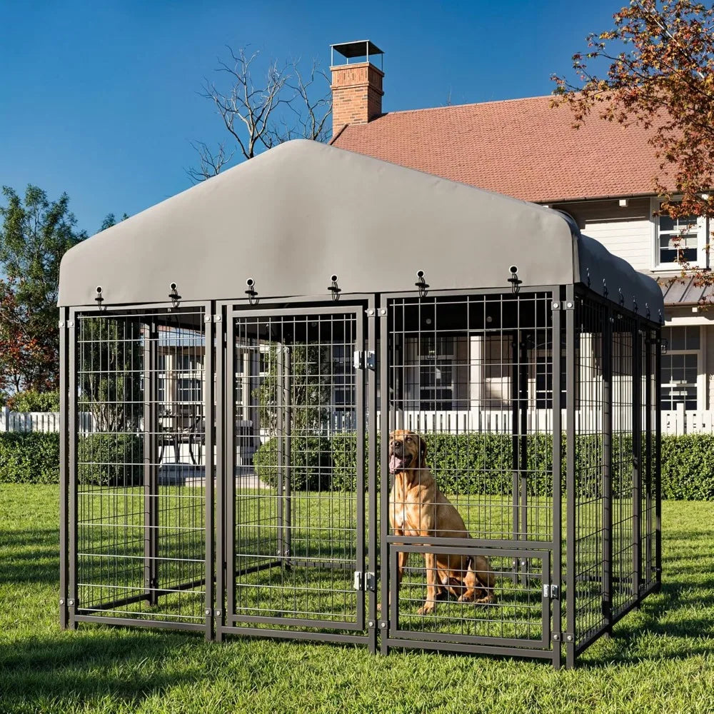 Dog Kennel 10X10FT Outside Heavy-Duty Outdoor Dog, Roof, Lock - Spacious, 4 Pets with Feeding
