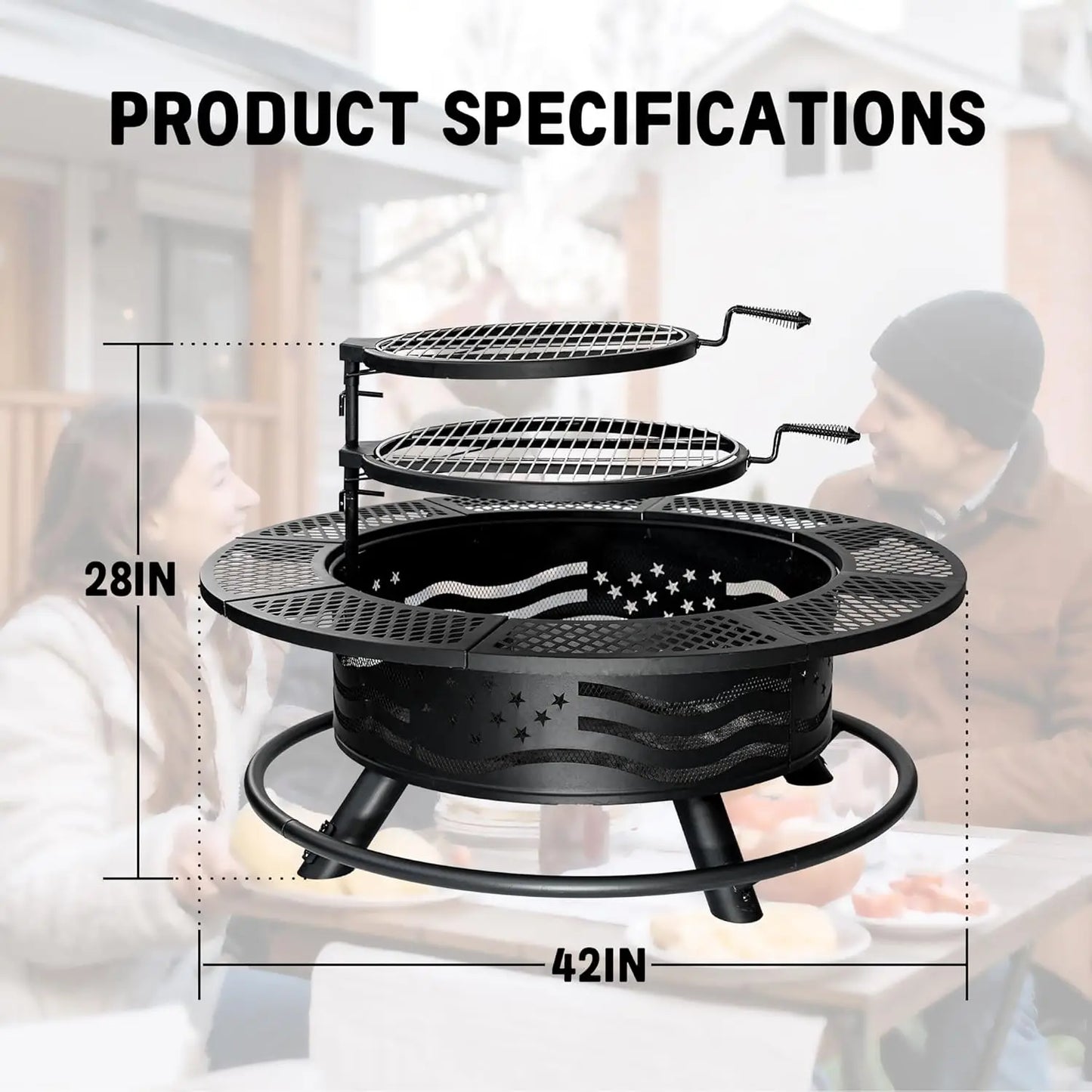 42 Inch Fire Pit, 2 Cooking Grate, Outdoor Wood Burning BBQ Grill Firepit Cover Lid, Steel Rnd Table