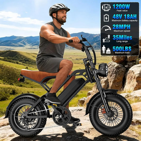 1200W Peak Power E-Bike, Adults: 28MPH, 16'' Fat Tire, 500LBS Load, 48V 18Ah Rem.Battery, 35-M Range