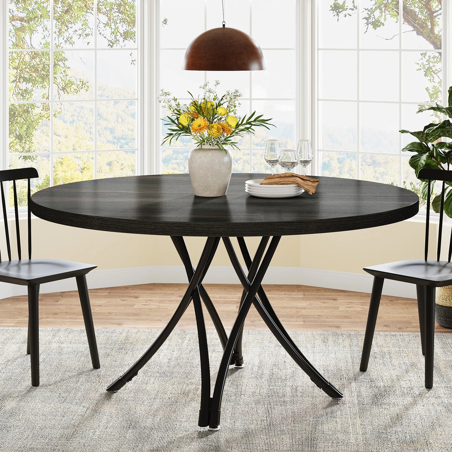 Round Indoor Dining Table for 4-6 People, 47-Inch Farmhouse Kitchen Table, Industrial Dinner Table
