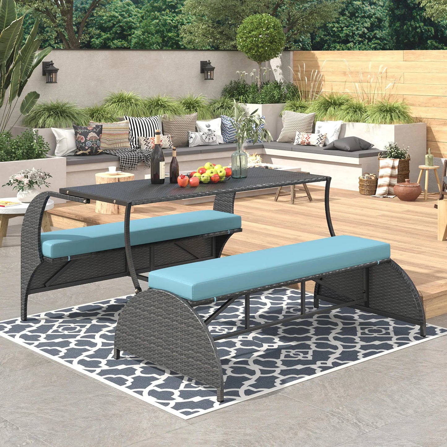 Outdr Rattan Loveseat Convertible Picnic Upholstered Bench Table Patio Convertible,4 Seats,1 Table