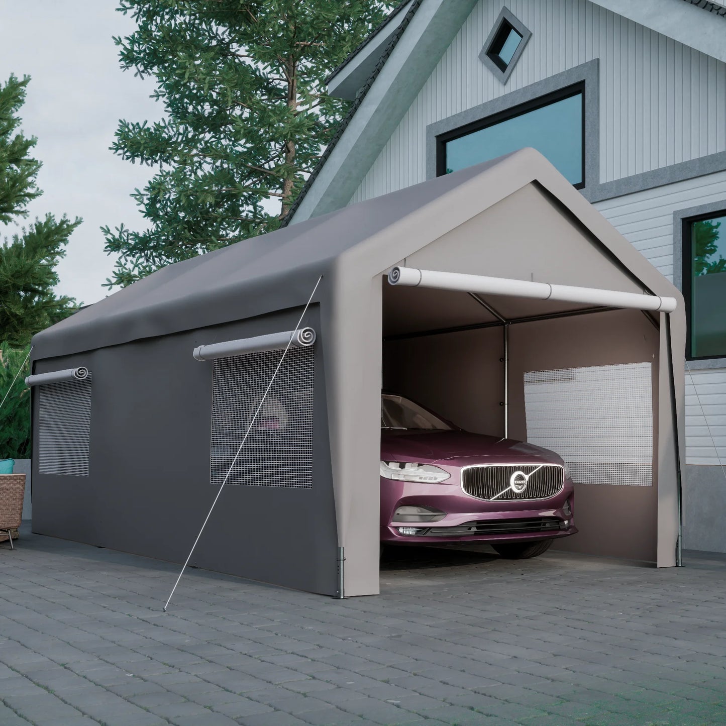 Carport 10x20ft Portable Garage Canopy Heavy Duty, with Mesh Windows and Removable Sidewalls