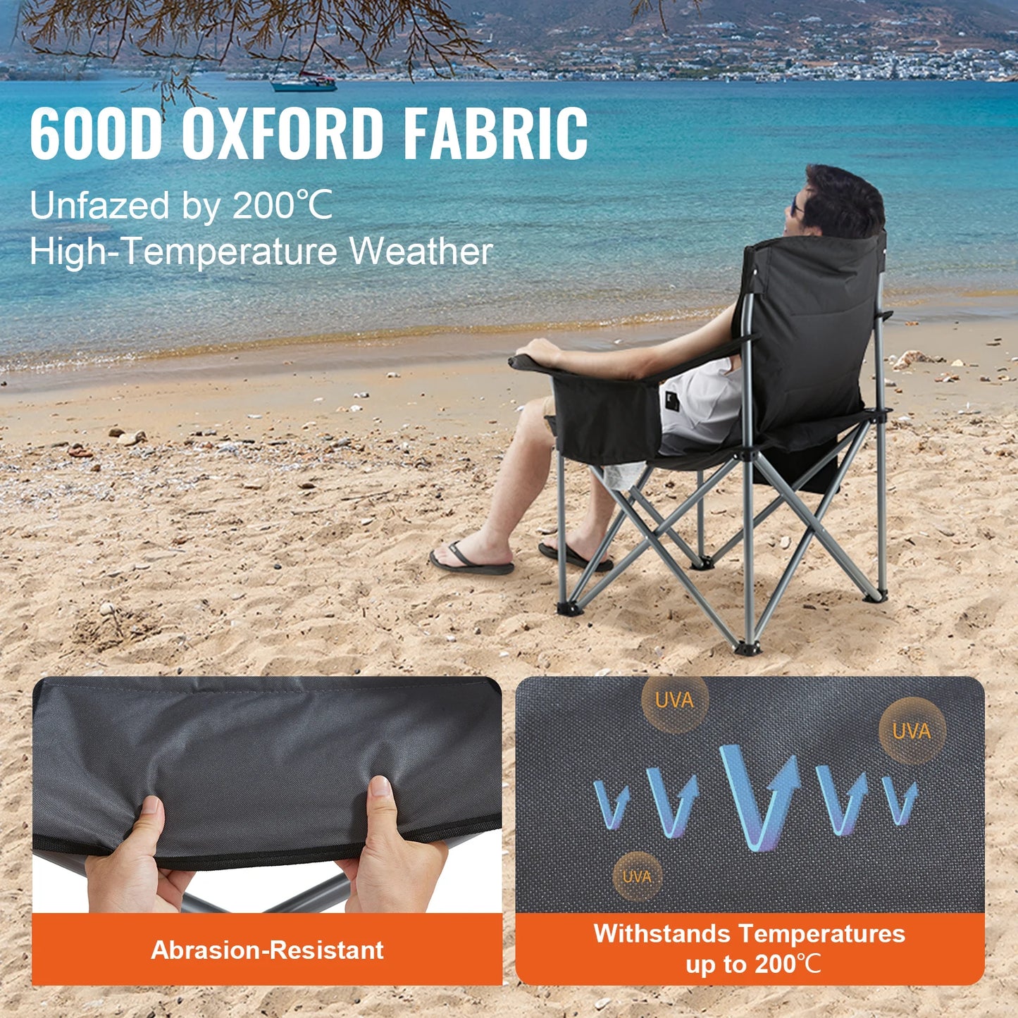 Camping Folding Chair, Adults Portable Quad Lumbar Back Padded Arm, Side Pockets Beach, Lawn, Picnic