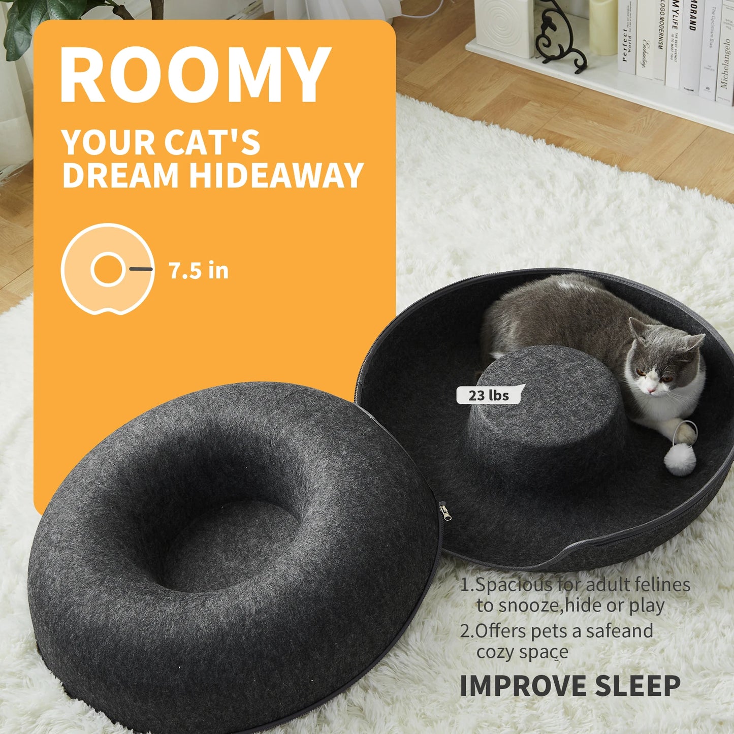 24"Large Donut Cat Bed Peekaboo Cat Cave for Multiple Cats Up to 30 Lbs, Washable Wool Felt Tunne
