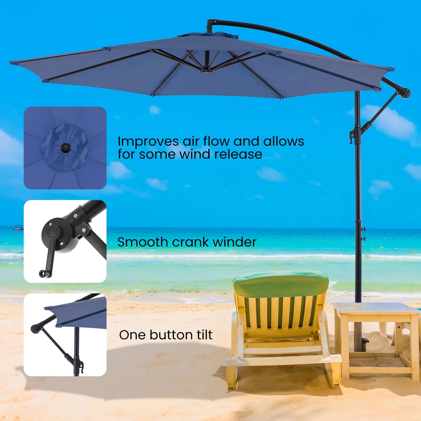 10FT Outdoor Patio Umbrella Hanging Cantilever,Easy Tilt Adjust,UV Protection 8 SturdyRibs yard deck
