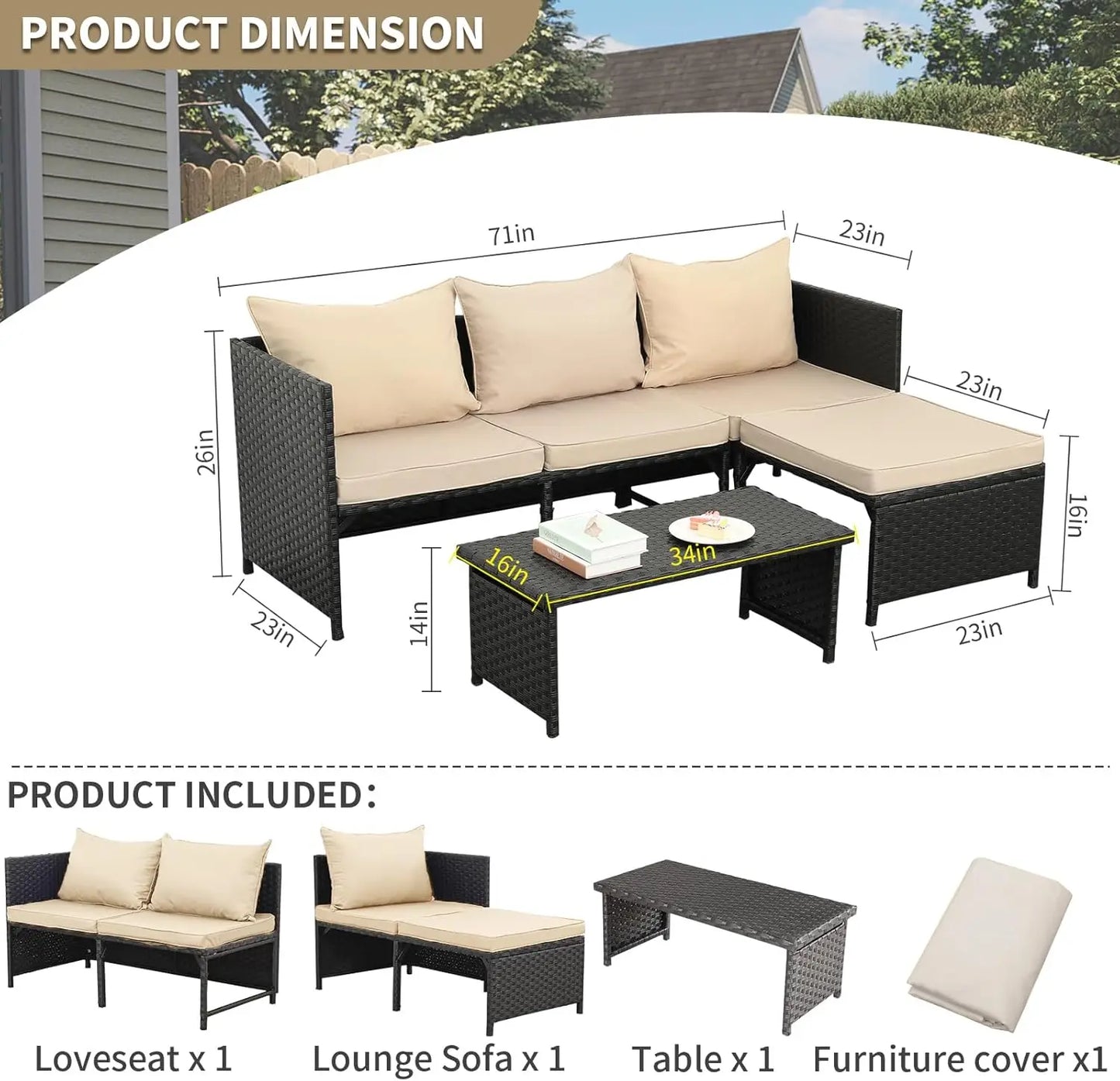 3-Piece Outdoor PE Rattan Furniture Set Black Wicker Loveseat Sofa Sectional Couch Khaki Cushions