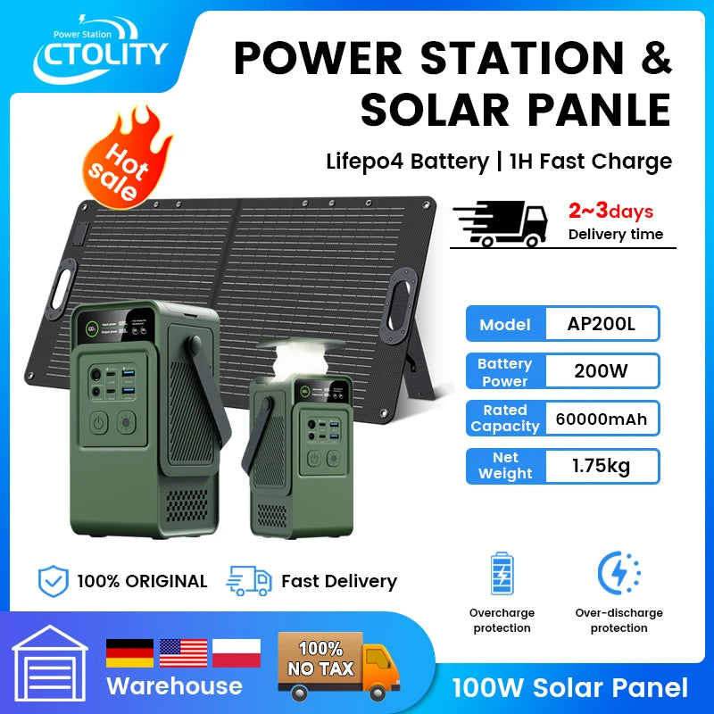 AP200L Power Bank 192Wh 60000mAh Capacity ,100w Solar Panel Generator for Camping Equipment