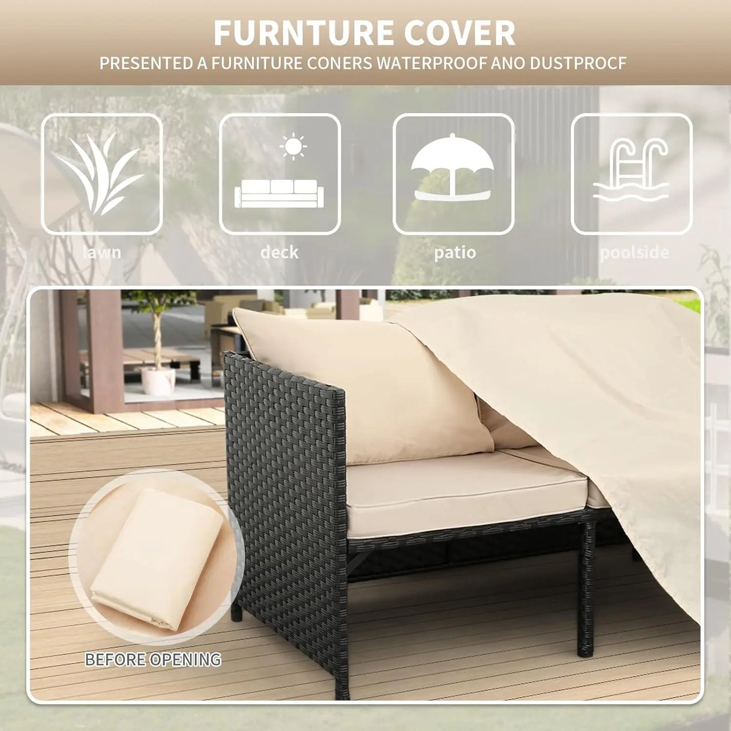 3-Piece Outdoor PE Rattan Furniture Set Black Wicker Loveseat Sofa Sectional Couch Khaki Cushions