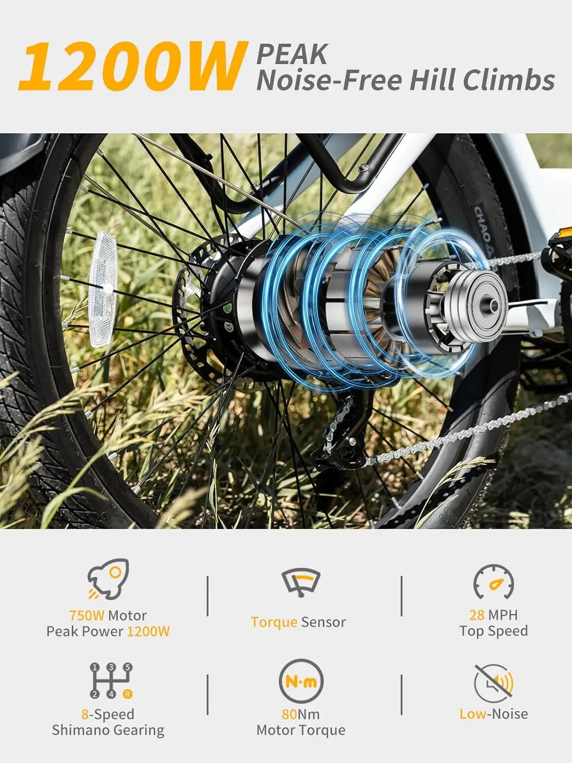 X2 [Torque Sensor] Electric Bike,1200W Peak,28MPH 80Miles,20AH, 26'',3.0'' Step-Thru Hydraulic Brake