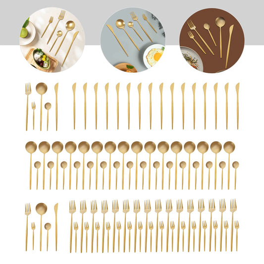 90 Pcs Gold Flatware Set Stainless Steel Utensil Kitchen Tableware Forks Knives Spoons Cutlery