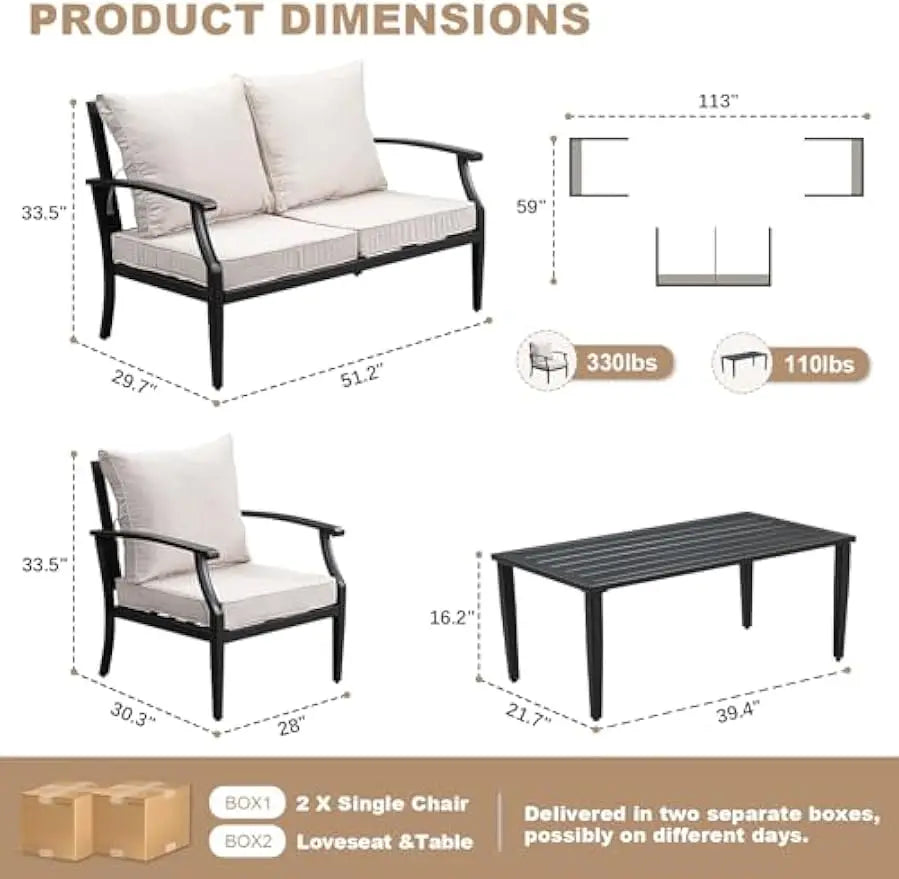 4-Piece Set, Wider Outdoor Metal Seating Sofa ,High Back & Loveseat, Coffee Table, All Weather Metal