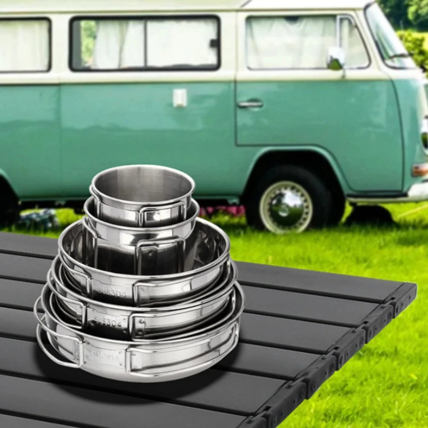 5pcs Camping Pot Set 304 Stainless Steel Kit Cooking Set