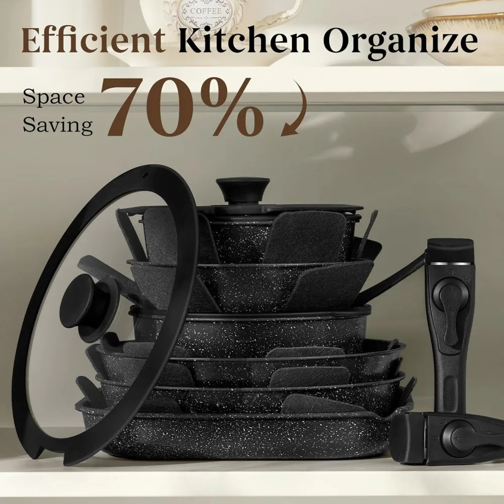 20 Pcs Pot-Pans Set Non Stick, Ceramic Cookware,Detachable Handle, RV Kitchen, Oven Safe