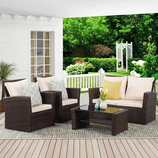 upgrade. 4 Piece Wicker Conversation Set for Porch Deck, Brown Rattan Sofa Chair with Cushion