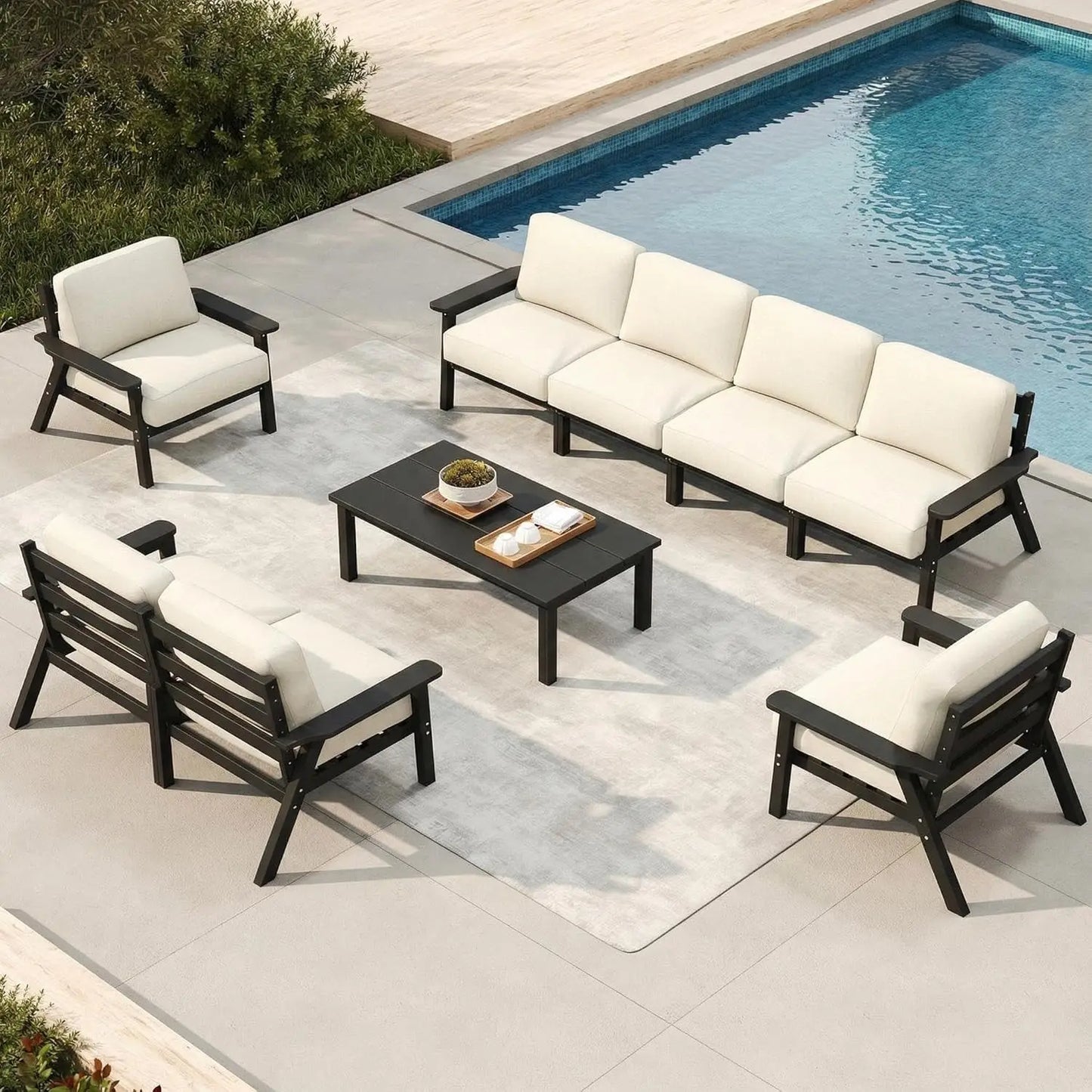 Patio Set 8 Seats, Outdoor Sectional, Beige Washable Thick Cushions, Coffee Table, Patio