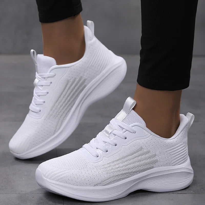 Women Lightweight Sneakers, Running Sport, Female Mesh Breathable,Train, White Flat Walking Shoes