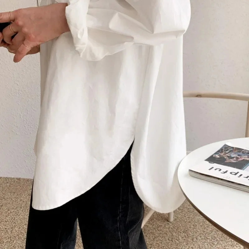 Lady Elegant White Casual Loose Blouses Fashion New Cotton Long Sleeve Women Shirt Turndown Collar
