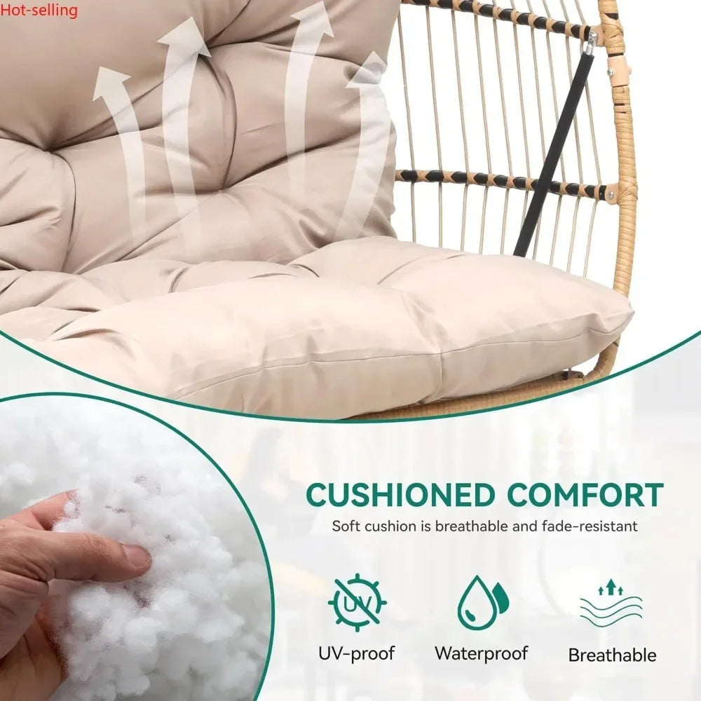 2 Person Hanging Egg Swing Chair,W/Stand, Wicker Indoor Outdoor Hammock, Cushions 550lbs, Patio
