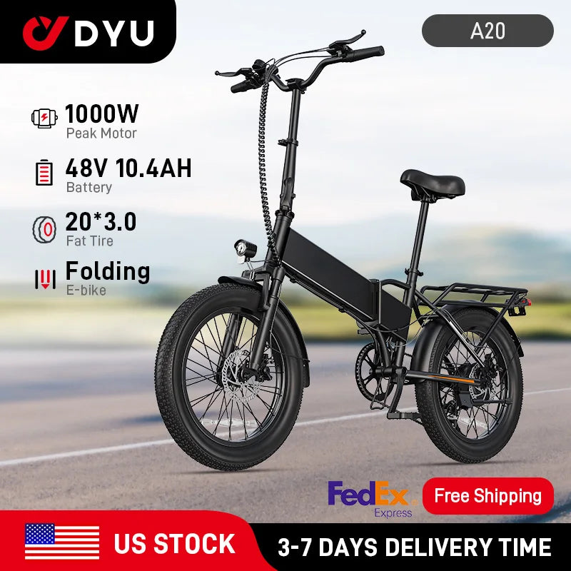 A20 E-Bicycle 1200W Peak Motor 48V10.4AH Lithium Battery Electric Bike 20*3.0 Inch Fat Tire E-bike