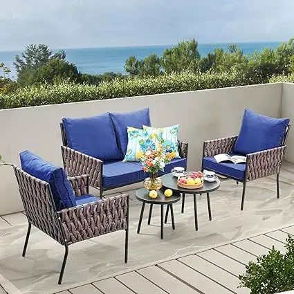 4-Piece Set, Wider Outdoor Metal Seating Sofa ,High Back & Loveseat, Coffee Table, All Weather Metal