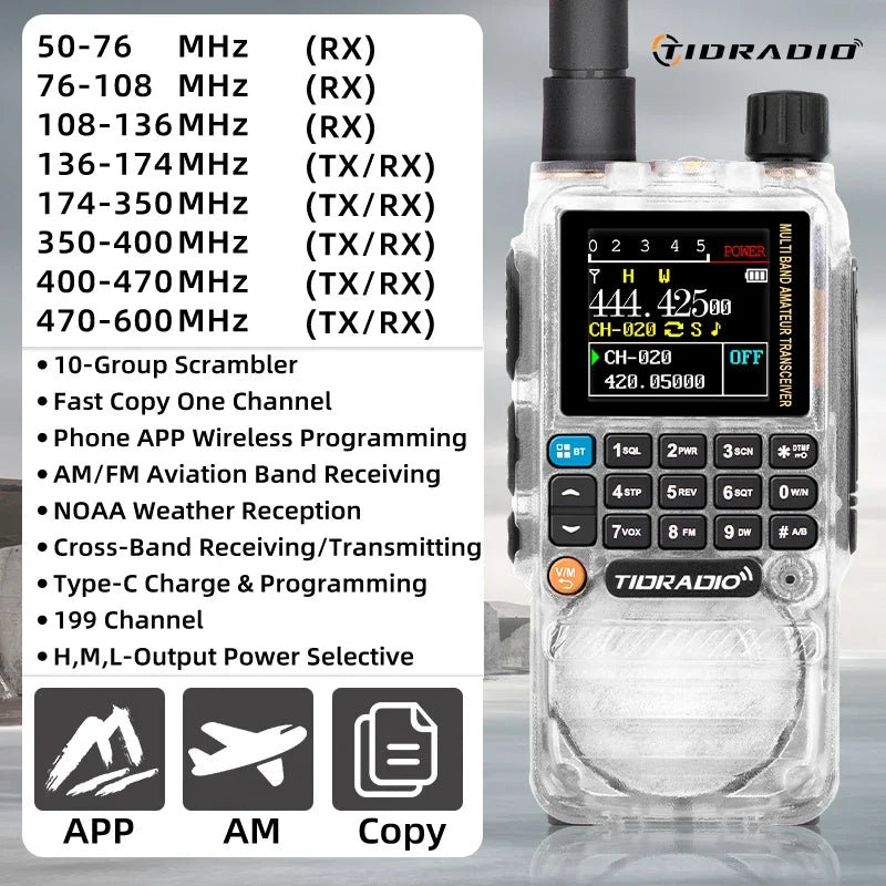 Walkie Talkie Phone APP Wireless Program HAM Air Band Long Range Radio USB Type-C Cable Prog/Charge