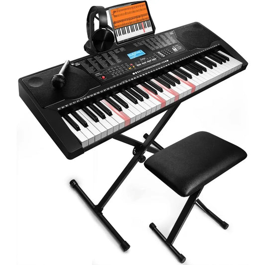 61 Key Portable Electronic Piano Illuminated FullSize Keys LCD Display Headphones XStand Microphone