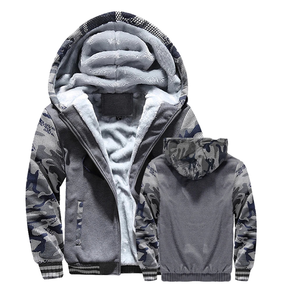 Winter Jacket Men Warm Thick Fleece Male Zipper Hooded  Outerwear Long Sleeves Sports Hoody