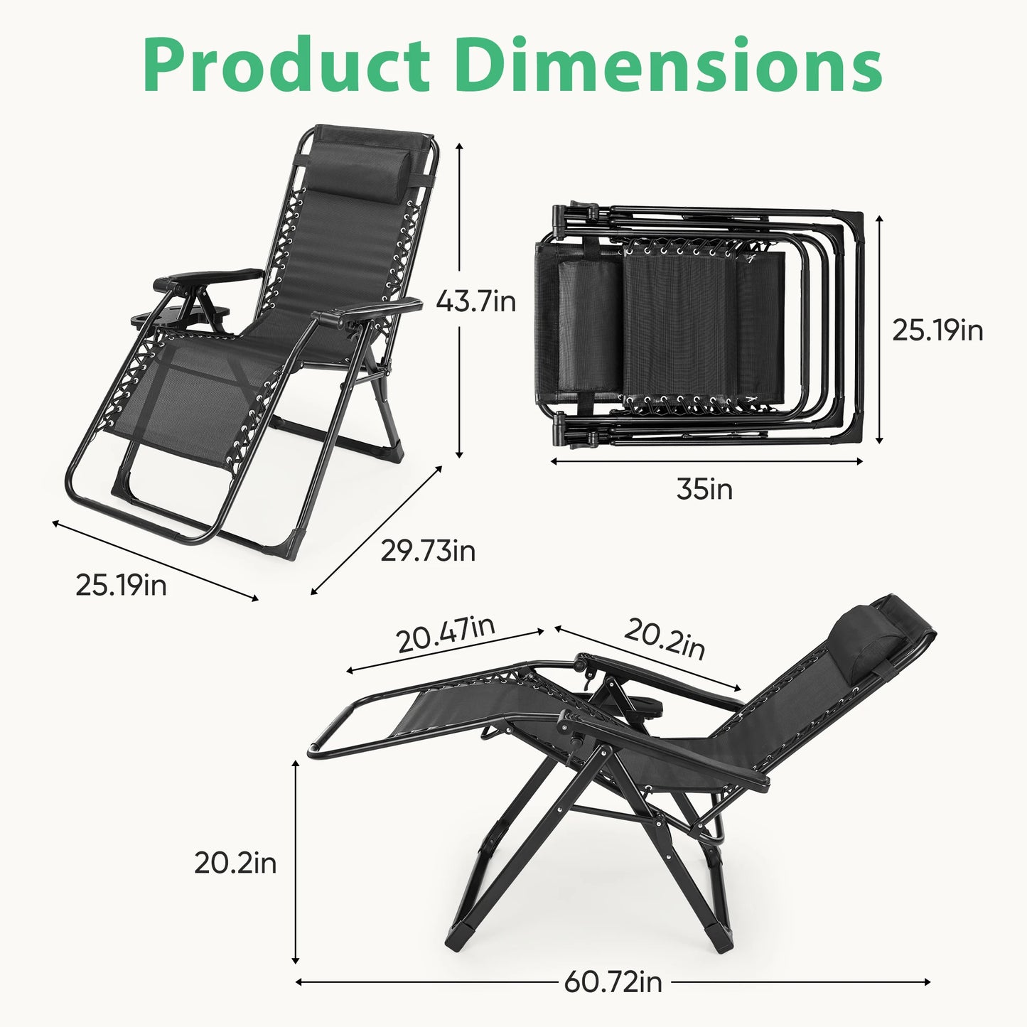 Zero Gravity Set 2 Portable Recliner Camping Patio Outdoor Chair,Cup Holder Trays Adjustable Pillow
