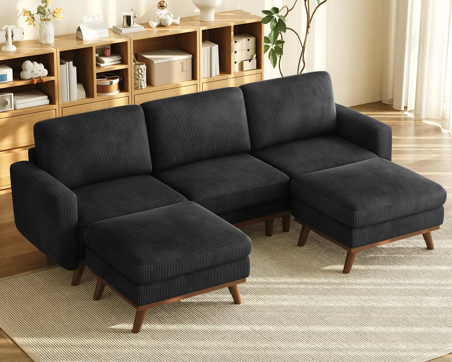 INDOOR 97" L-Shape Modular Sectional Sofa 3-Seat Corduroy Movable Otto green,black, Customized