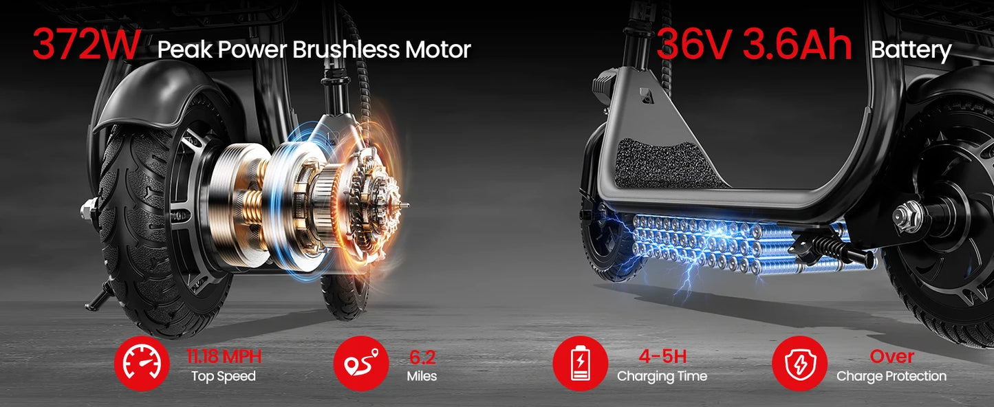 Kids E-Scooter, Blue tooth Speaker Foldable Design Seat, Basket LED Light Strip 11MPH Speed 132lbs